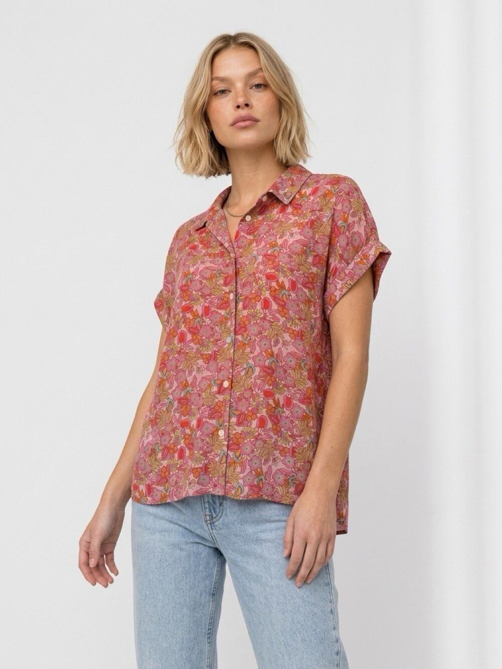 EUC Lucky Brand Women Pink Floral Boho Modal Camp Shirt Button Up Med